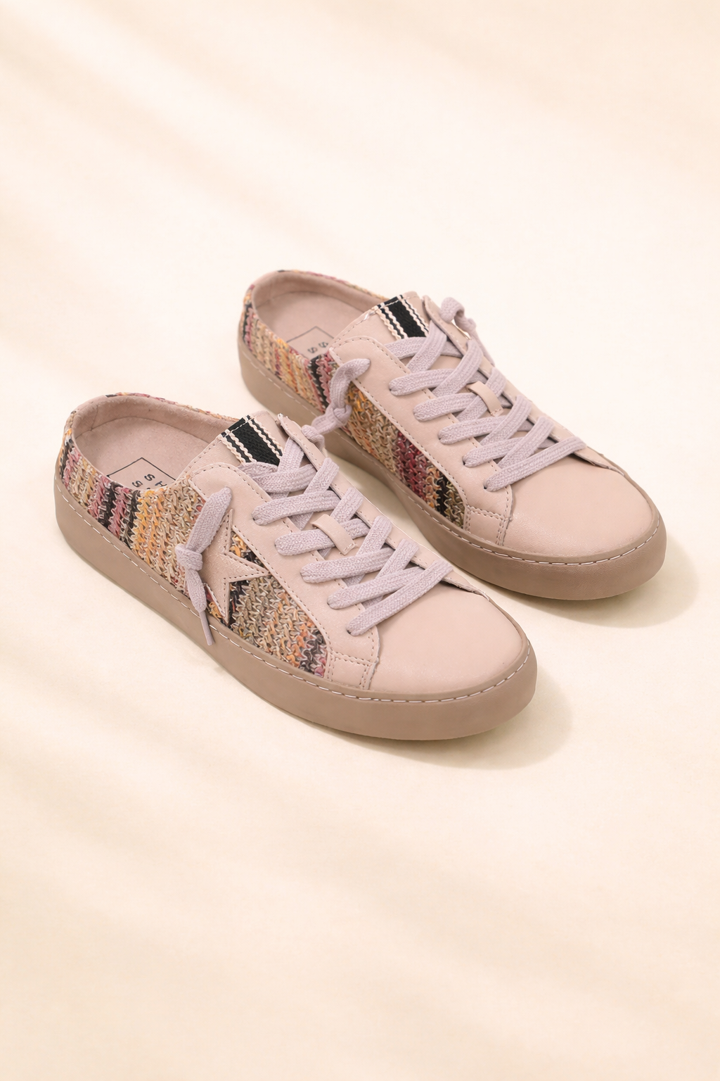 Blush pink Polka Multi-Stripe sneaker by ShuShop with colorful fabric panels and white sole, showcasing casual footwear style.