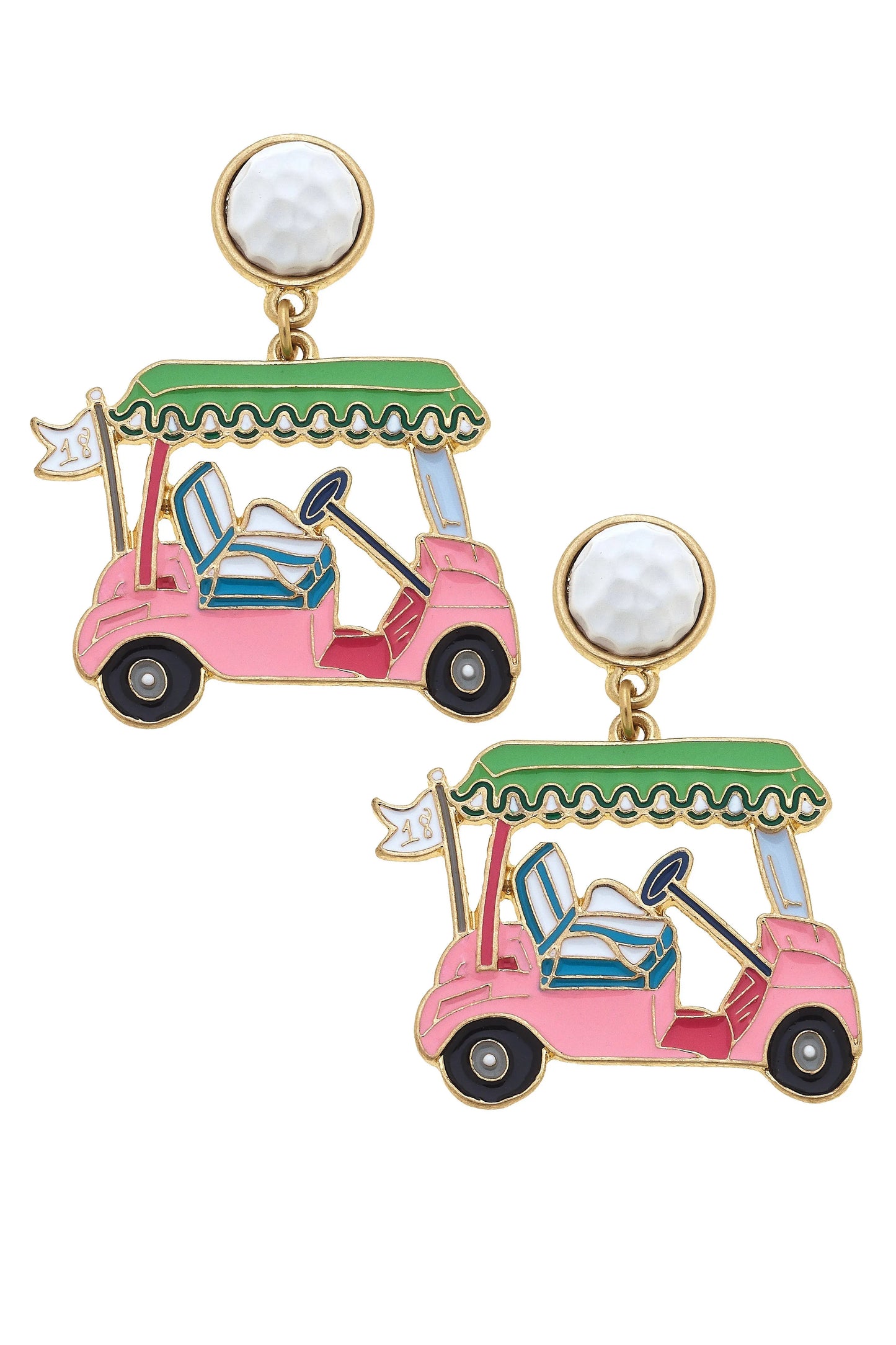 Carting Around Enamel Golf Cart Earrings in Pink & Green - Jewelry