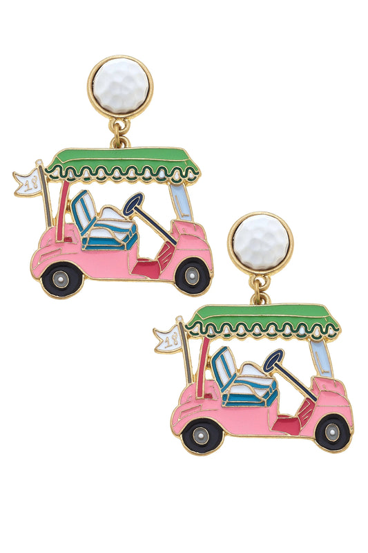 Carting Around Enamel Golf Cart Earrings in Pink & Green - Jewelry