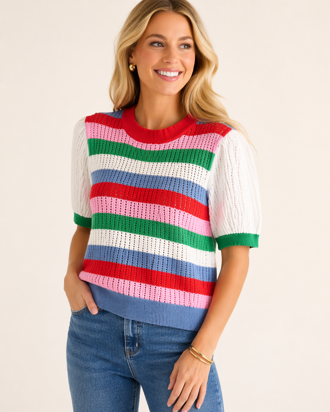 Jodiful Harbor Stripe Knit Top showing a close-up of navy and white striped fabric with a relaxed fit and soft knit texture.