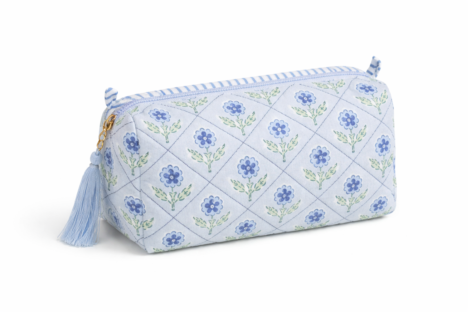 Inner Child Mona Blue Blockprint cosmetic bag featuring a vibrant blue and white geometric pattern, soft fabric exterior.