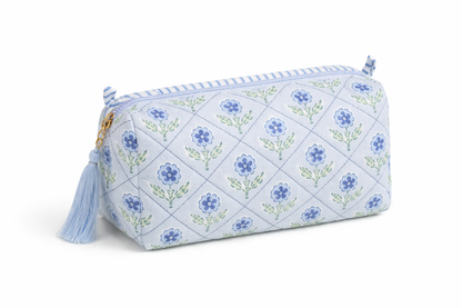 Inner Child Mona Blue Blockprint cosmetic bag featuring a vibrant blue and white geometric pattern, soft fabric exterior.