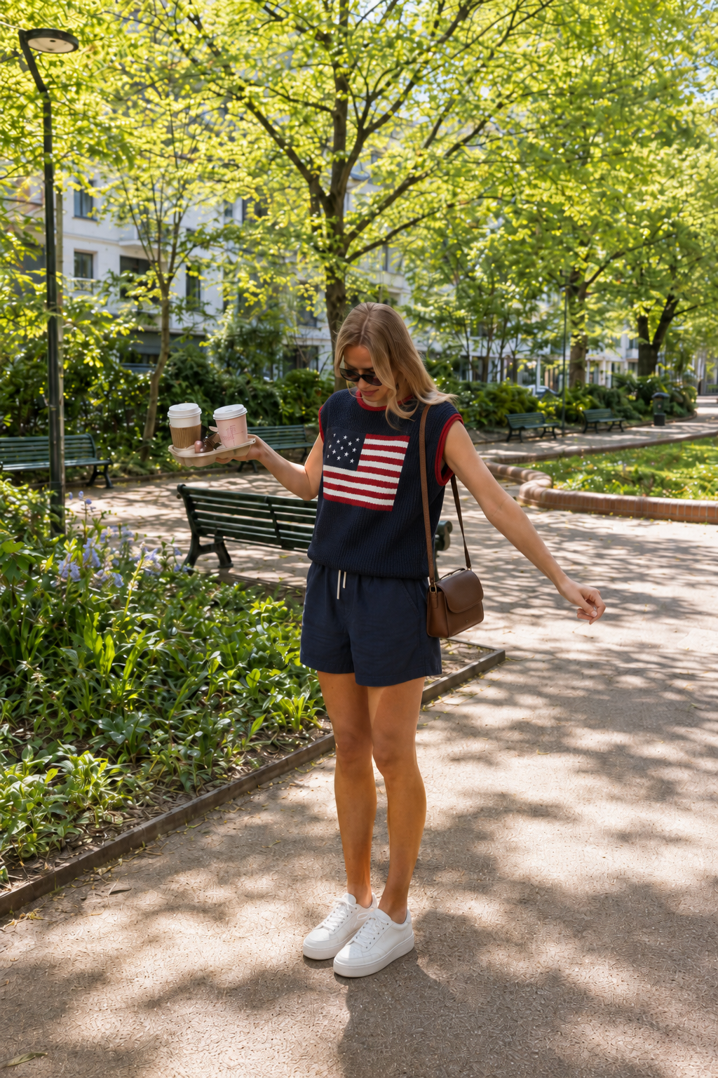 Jodiful American flag lightweight sweater vest top, casual sleeveless top with patriotic flag design and comfortable fit.