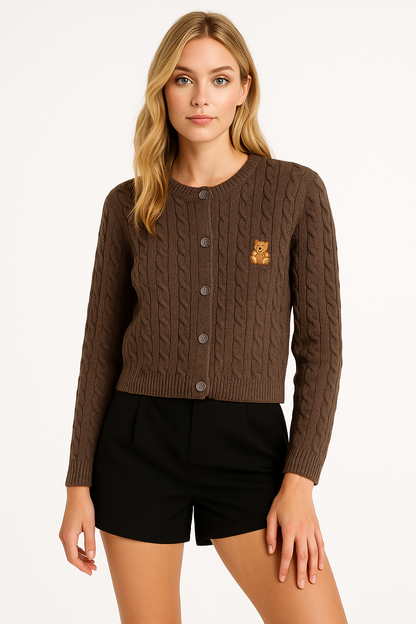 Teddy Embroidered Button-Down Cable Knit Cardigan Sunday Edition by LE LIS