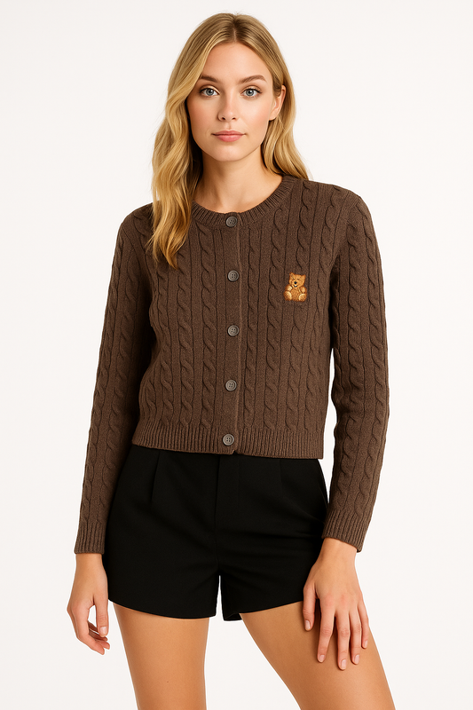 Teddy Embroidered Button-Down Cable Knit Cardigan Sunday Edition by LE LIS