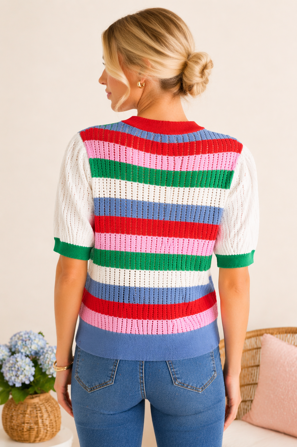 Jodiful Harbor Stripe Knit Top with blue and white horizontal stripes, long sleeves, and a relaxed fit.