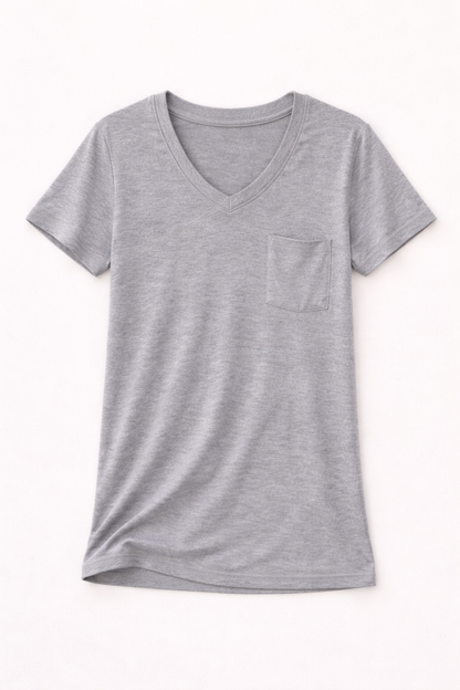 Light grey Lila Everyday V-Neck Tee by Active Basic, showing a comfortable, casual fit on a model.