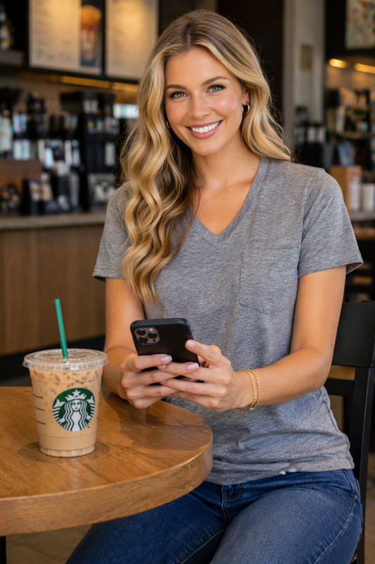 Light gray Lila Everyday V-Neck Tee by Active Basic, soft cotton fabric, fitted style, with subtle stitching details.