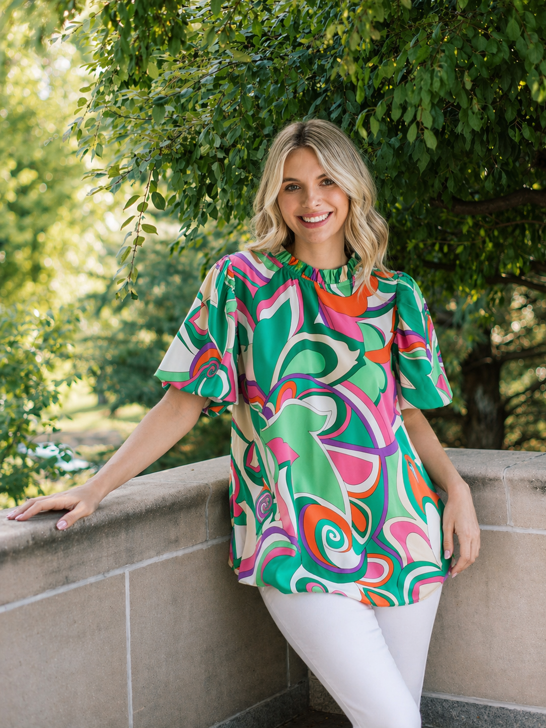 Jodiful Palmer Garden puff sleeve top with floral pattern, lightweight fabric, and feminine design, perfect for casual or semi-formal wear.
