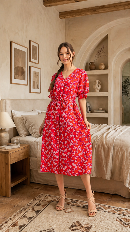 Jodiful Sienna Sunset abstract midi dress featuring flowing fabric and vibrant sunset-inspired abstract pattern.