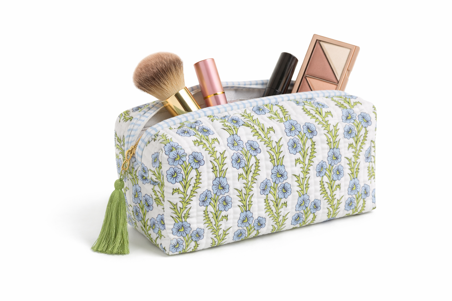 Inner Child Garden Blockprint cosmetic bag with vibrant floral pattern, compact design, and zip closure for travel and organization.