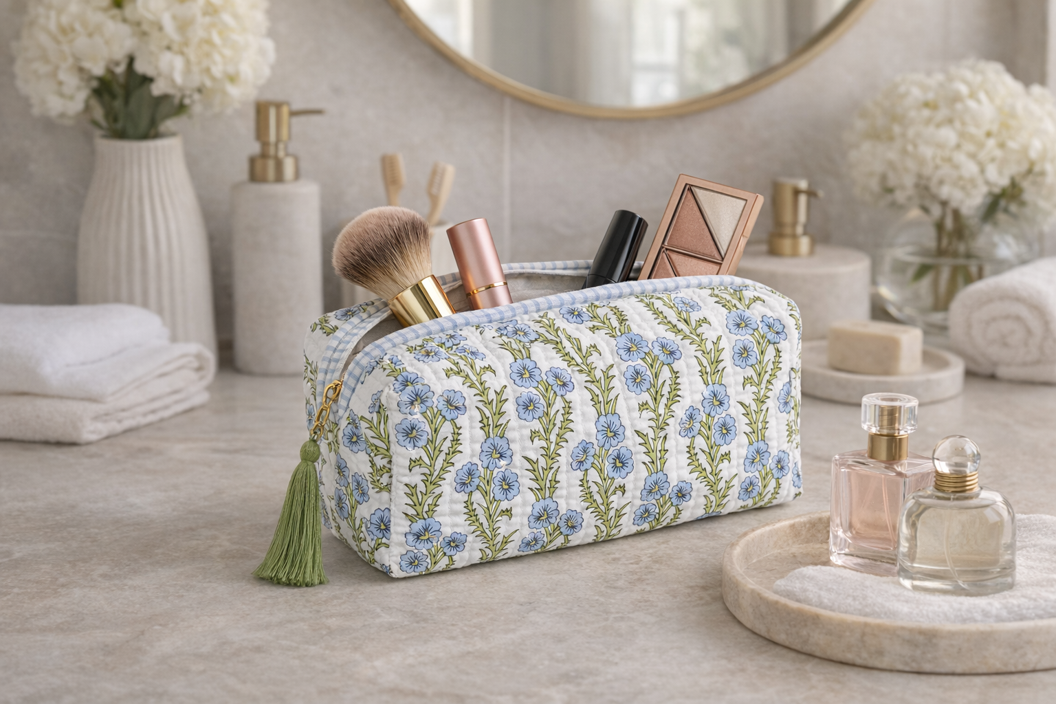 Inner Child Garden Blockprint cosmetic bag with vibrant floral pattern and zip closure, perfect for storing beauty essentials.