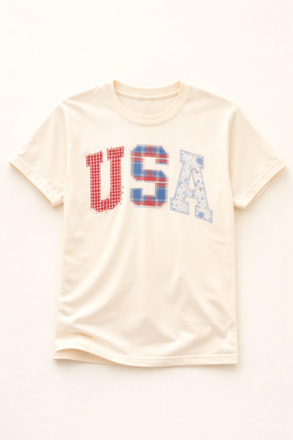 Colorful patchwork USA graphic tee by Poppy & Pine featuring a vibrant American flag design on a casual T-shirt.