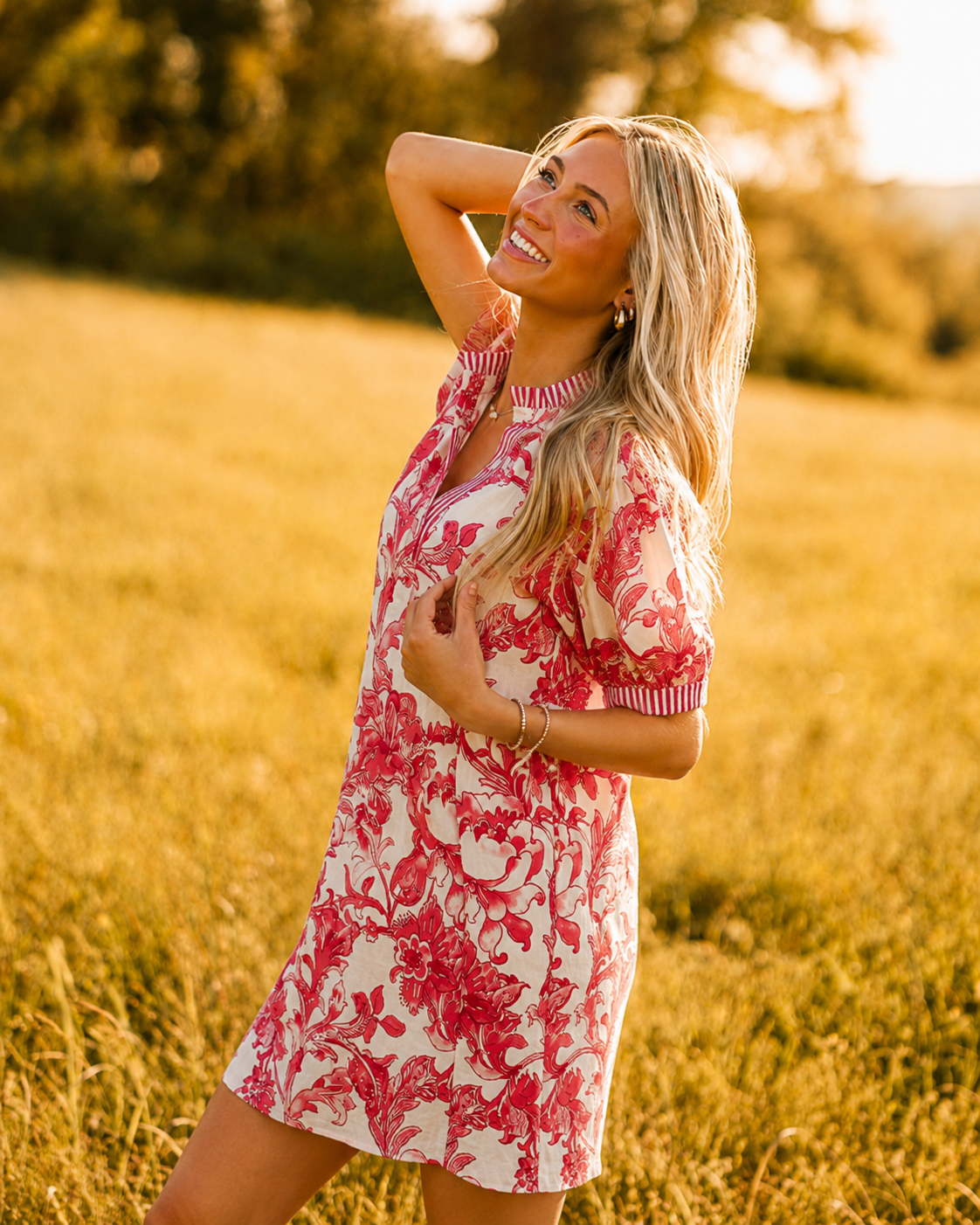 Red floral stripe accent puff sleeve dress by Jodiful featuring a fitted bodice and flowy skirt, perfect for spring and summer wear.