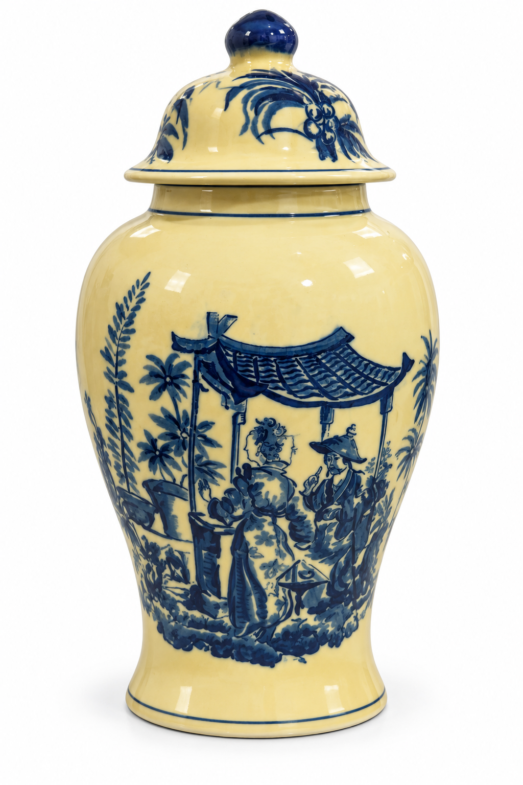 Vintage Chinoiserie Pagoda Ginger Jar, Butter Yellow & Blue