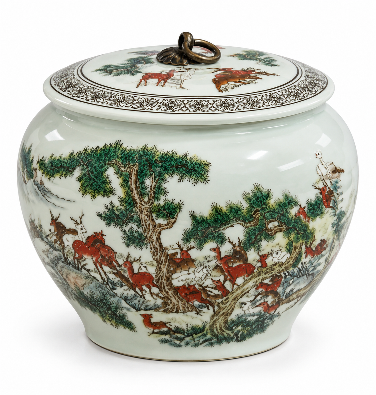Vintage Famille Rose-Style Covered Jar with Deer & Pine Motif