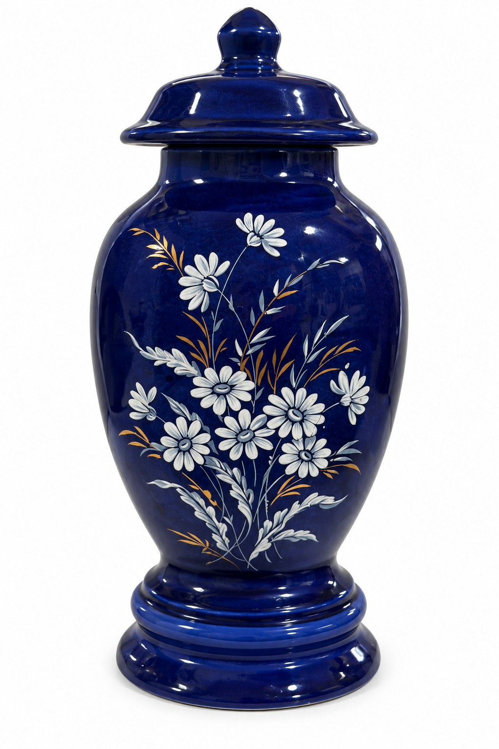 Vintage Cobalt Blue Hand-Painted Daisy Ginger Jar