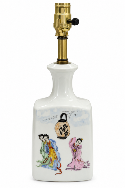 Vintage Hand-Painted Porcelain Lamp Base, Asian Figural Scene