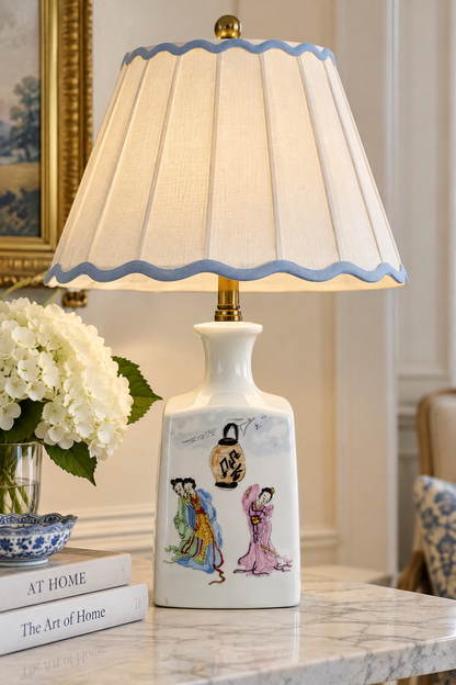 Vintage Hand-Painted Porcelain Lamp Base, Asian Figural Scene