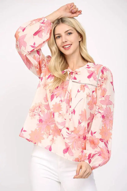 Denise Tassel Tie Blouse (Pink Multi) - Blouse