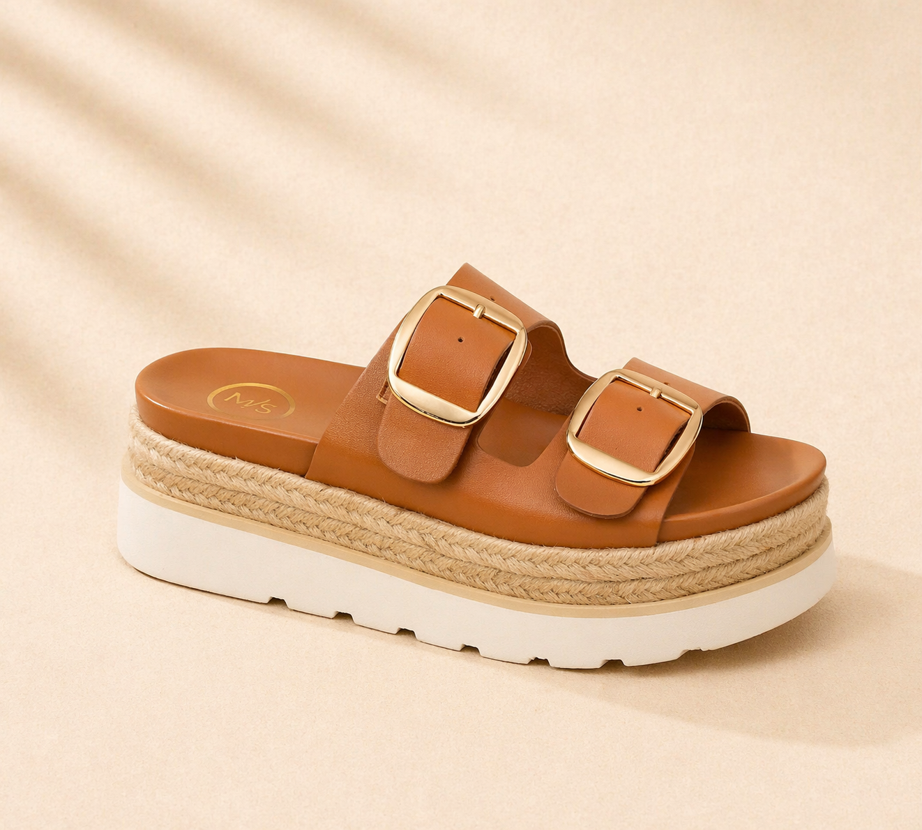Elegant tan Monique wedges slip-on sandal with gold buckles, stylish footwear by Maker's Shoes.