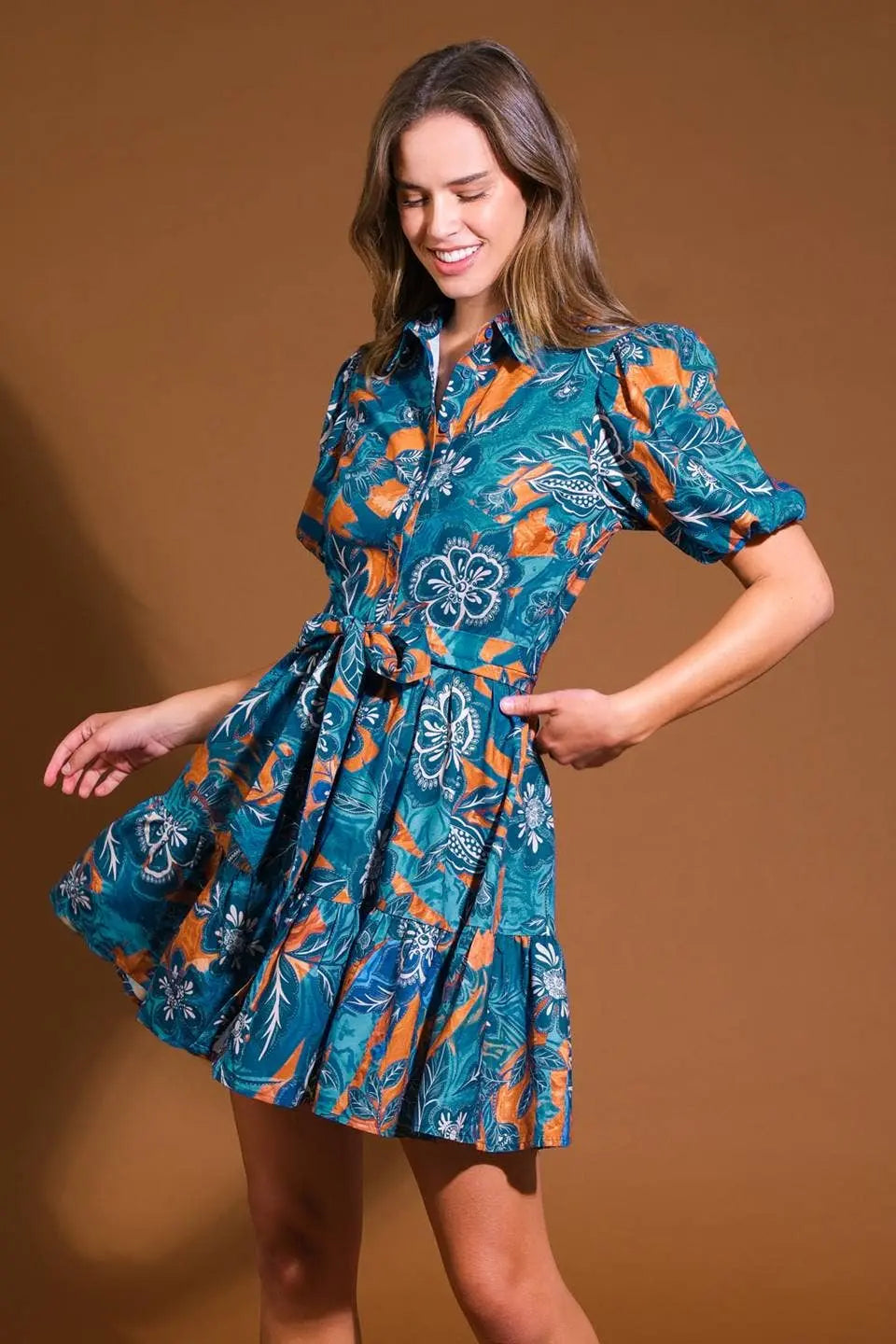 Flying Tomato Fiona printed mini dress featuring vibrant floral patterns and a flattering fit, perfect for casual and summer wear.