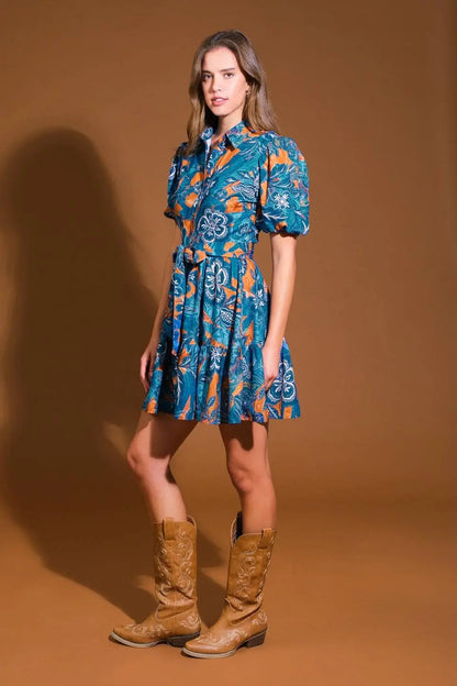 Flying Tomato Fiona printed mini dress featuring a vibrant floral pattern and short sleeves, perfect for casual summer wear.