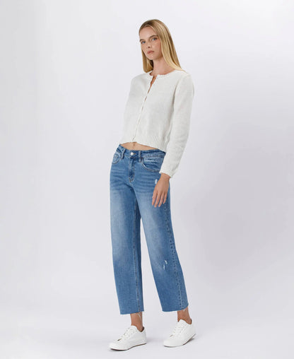 Lovervet by VERVET high-rise mild barrel jeans in light wash denim, displayed on a model with front and back views.