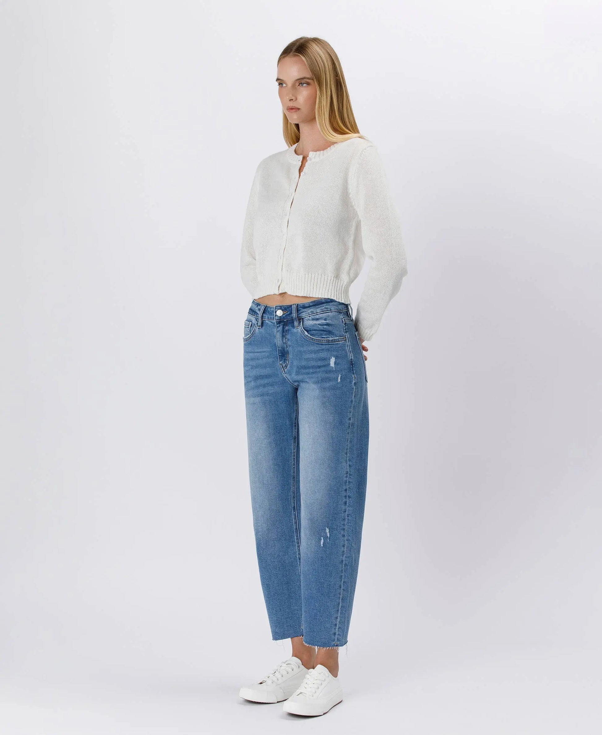 Lovervet by VERVET high-rise mild barrel jeans in denim, showcasing the relaxed fit and classic five-pocket design.