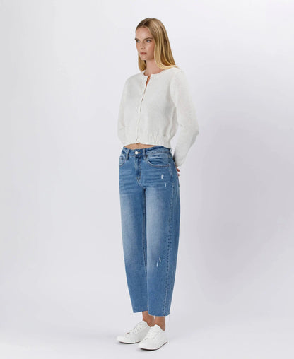 Lovervet by VERVET high-rise mild barrel jeans in denim, showcasing the relaxed fit and classic five-pocket design.