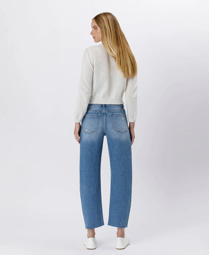Lovervet by VERVET high-rise mild barrel jeans in denim, showcasing a fitted waist and relaxed leg fit.