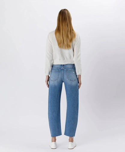 Lovervet by VERVET high-rise mild barrel jeans in denim, showing the relaxed fit and classic five-pocket design.