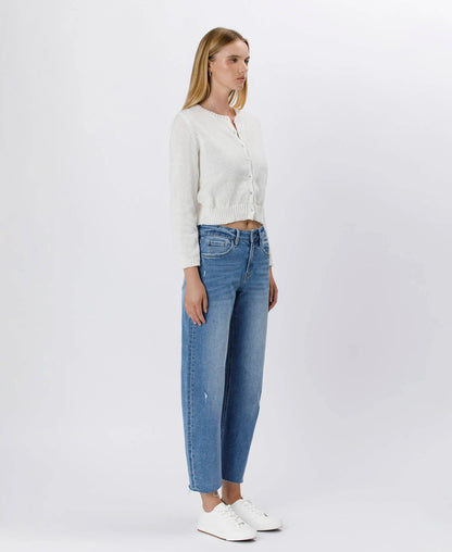 Lovervet by VERVET high rise mild barrel jeans in denim, shown on a model with a fitted waist and relaxed leg fit.