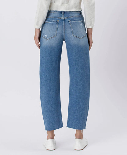 Lovervet by VERVET high-rise mild barrel jeans in denim, featuring a fitted waist and relaxed leg fit.