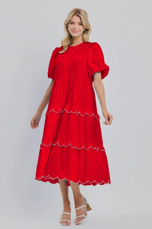 Juliette Bubble Sleeve Midi Dress - L / Red - Dresses