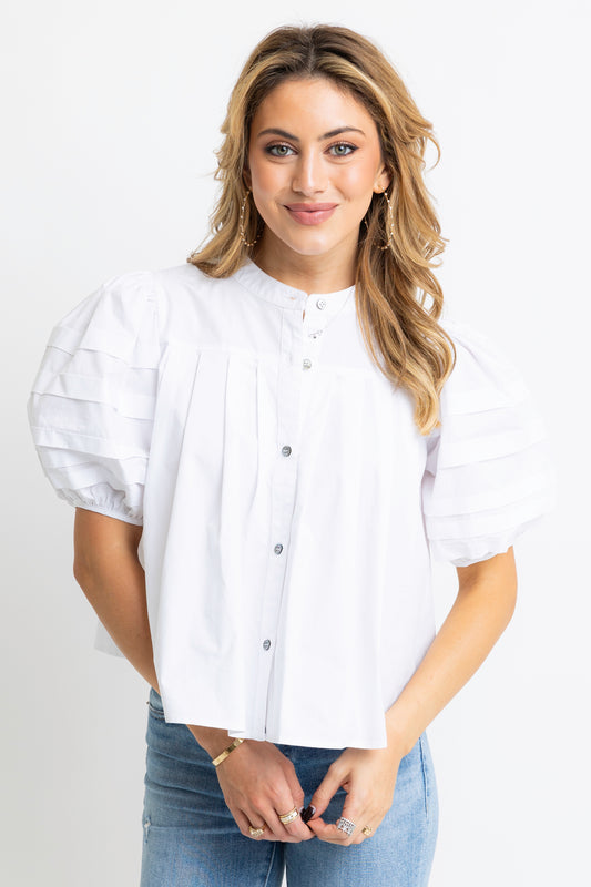 The Charlotte Poplin Pleat Sleeve Top (White) Karlie