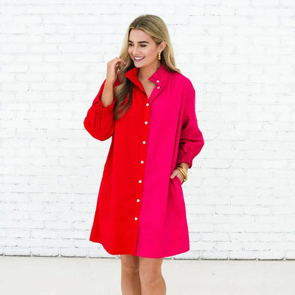 Kelsey Bold Contrast Tunic Dress (Red/Pink) - OS - Dresses