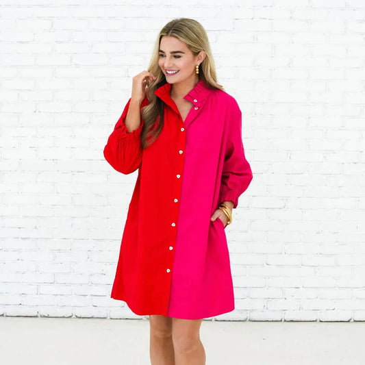 Kelsey Bold Contrast Tunic Dress (Red/Pink) - OS - Dresses