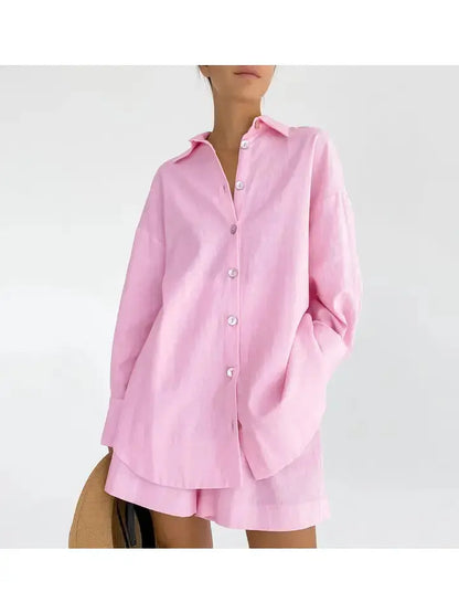 Ladies Leisure Button-Down Shorts Set - Small / Pink - Loungewear