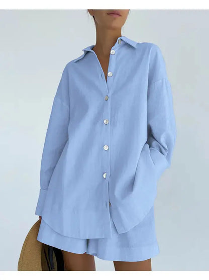 Ladies Leisure Button-Down Shorts Set - Small / Blue - Loungewear