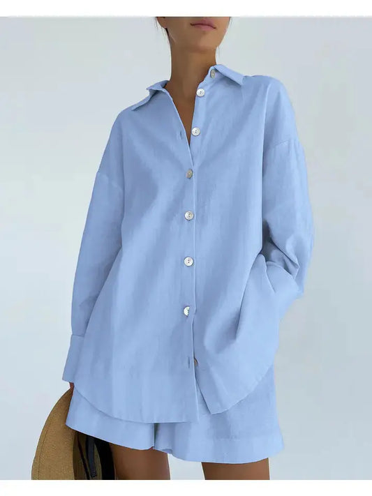 Ladies Leisure Button-Down Shorts Set - Small / Blue - Loungewear