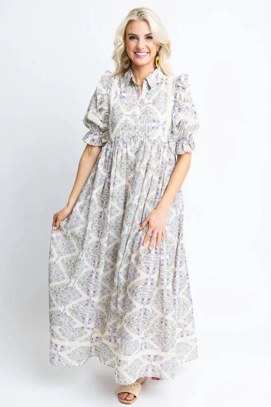 Lila Boho Floral Crochet Trim Maxi Dress - Dresses