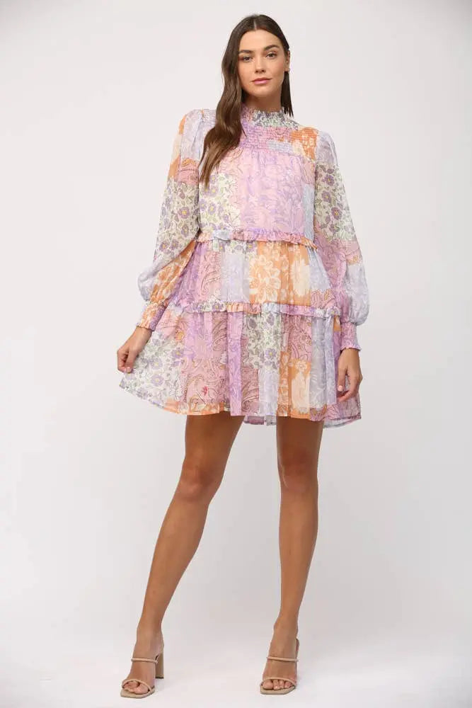 Lily Patchwork Chiffon Tiered Dress - Dresses