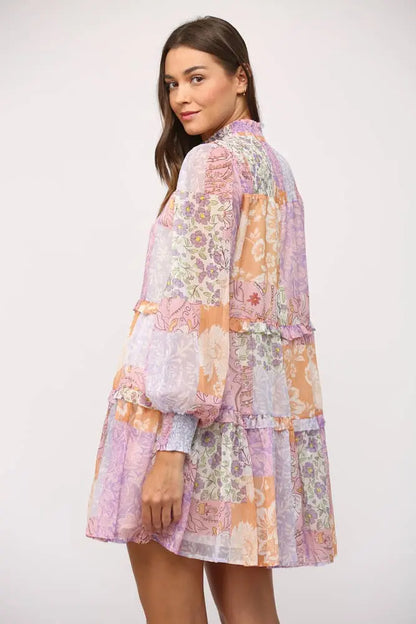 Lily Patchwork Chiffon Tiered Dress - Dresses
