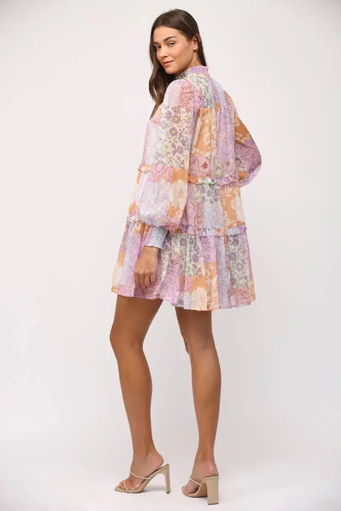 Lily Patchwork Chiffon Tiered Dress - Dresses