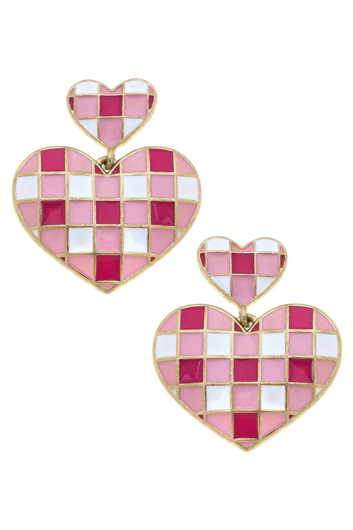 Livy Gingham Heart Earrings in Pink & White - Jewelry