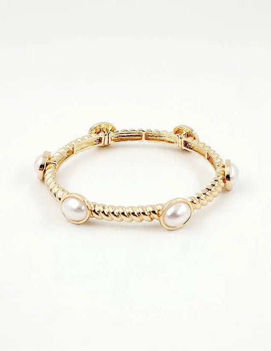 Madeline Ribbed Gold & Pearl Stretch Bracelet - Jewelry