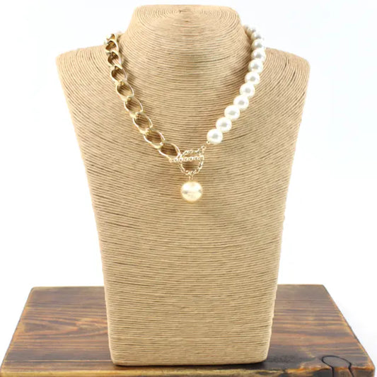 N21144 Faux Pearl Chain Link Necklace - 01 GD - Jewelry