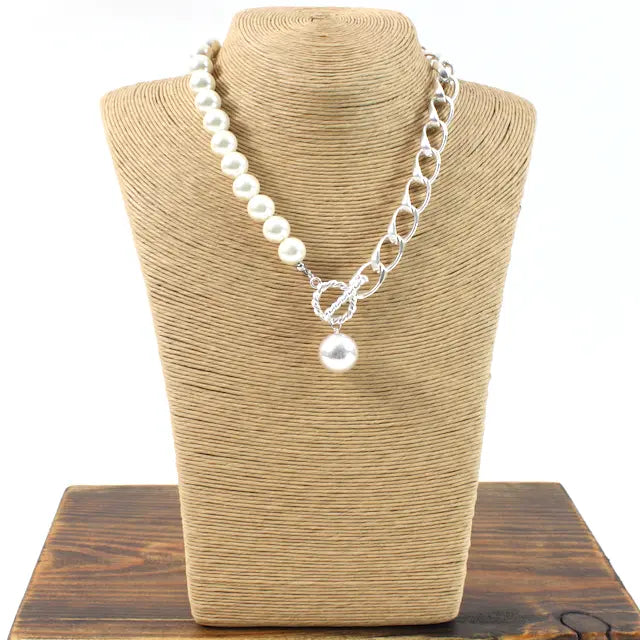 N21144 Faux Pearl Chain Link Necklace - 02 SL - Jewelry
