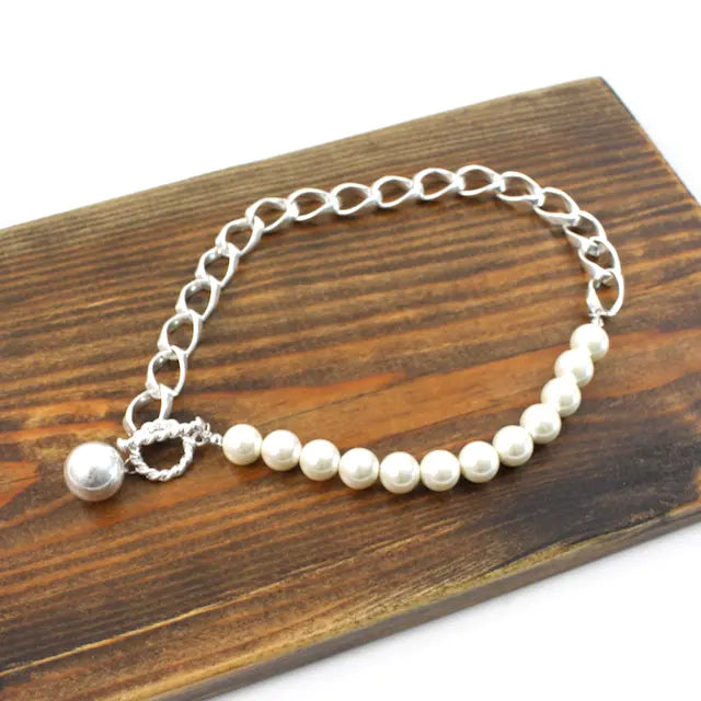 N21144 Faux Pearl Chain Link Necklace - Jewelry